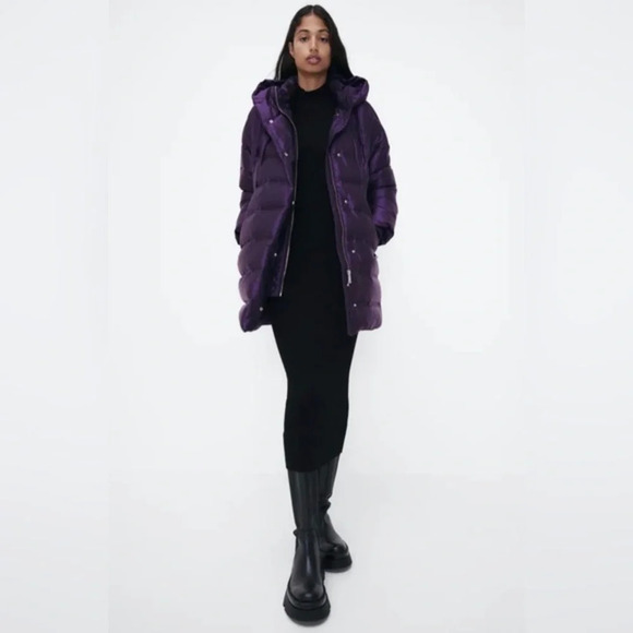 Zara water repellent down filled purple quilted coat with hood Size XL NWT - Picture 1 of 16